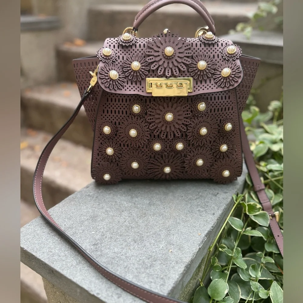 Stunning EUC chocolate Zac Posen Floral Embellished detailed Handbag